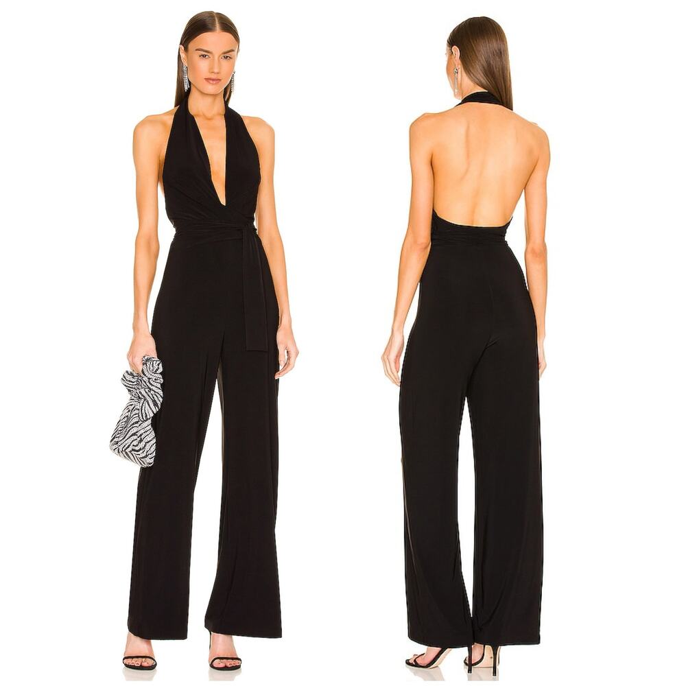 Norma Kamali Halter Wrap Straight Leg Jumpsuit Size Medium Plunge Jersey Black